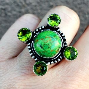 New Green Turquoise & Peridot 925 Silver Ring.